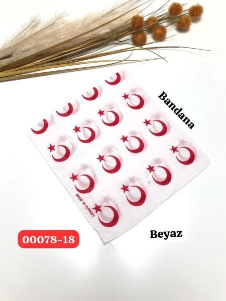 Herşey Nota Türk Bayrağı Ay Yıldız Desenli Beyaz Renk Çok Amaçlı Bandana Fular %100 Cotton