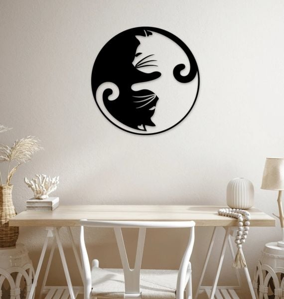 Yin Yang Kedi Ahşap Duvar Dekoru