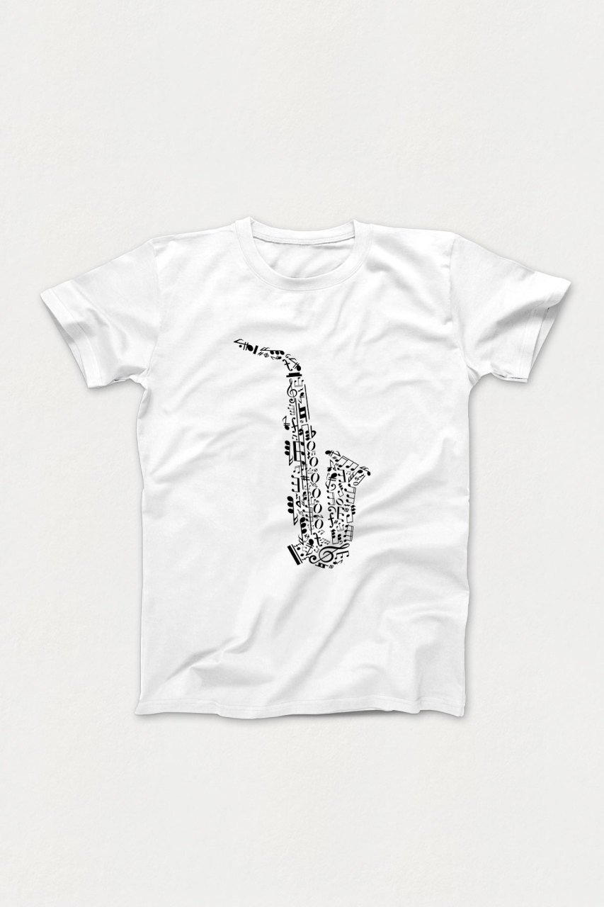 Saksafon Notalar Beyaz Tshirt Unisex L