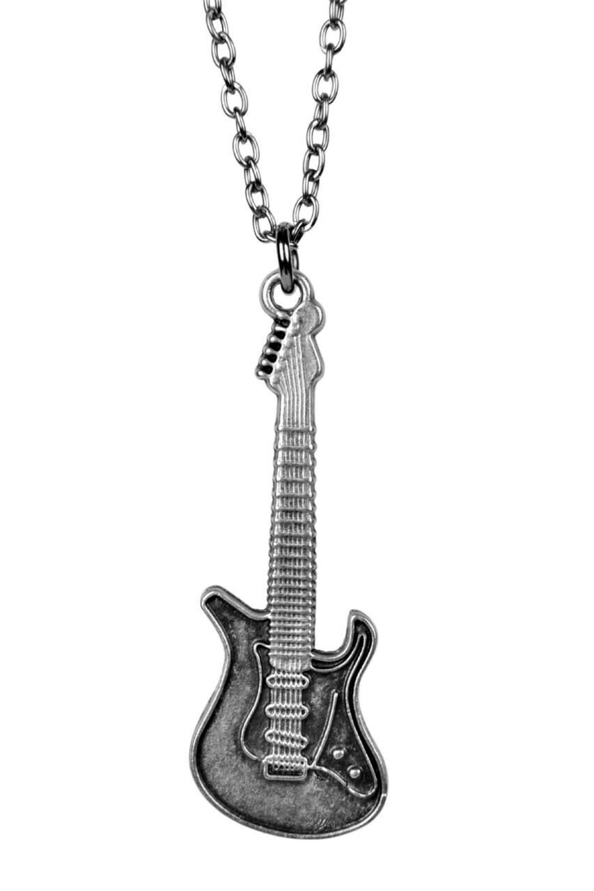 Elektro Gitar Kolye Erkek Kadın Kolye Antik Gümüş Kaplama 60 cm Düz Zincir