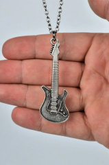 Elektro Gitar Kolye Erkek Kadın Kolye Antik Gümüş Kaplama 60 cm Düz Zincir