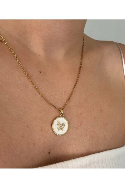 Çelik Gold Kelebek Model Sedef Kolye