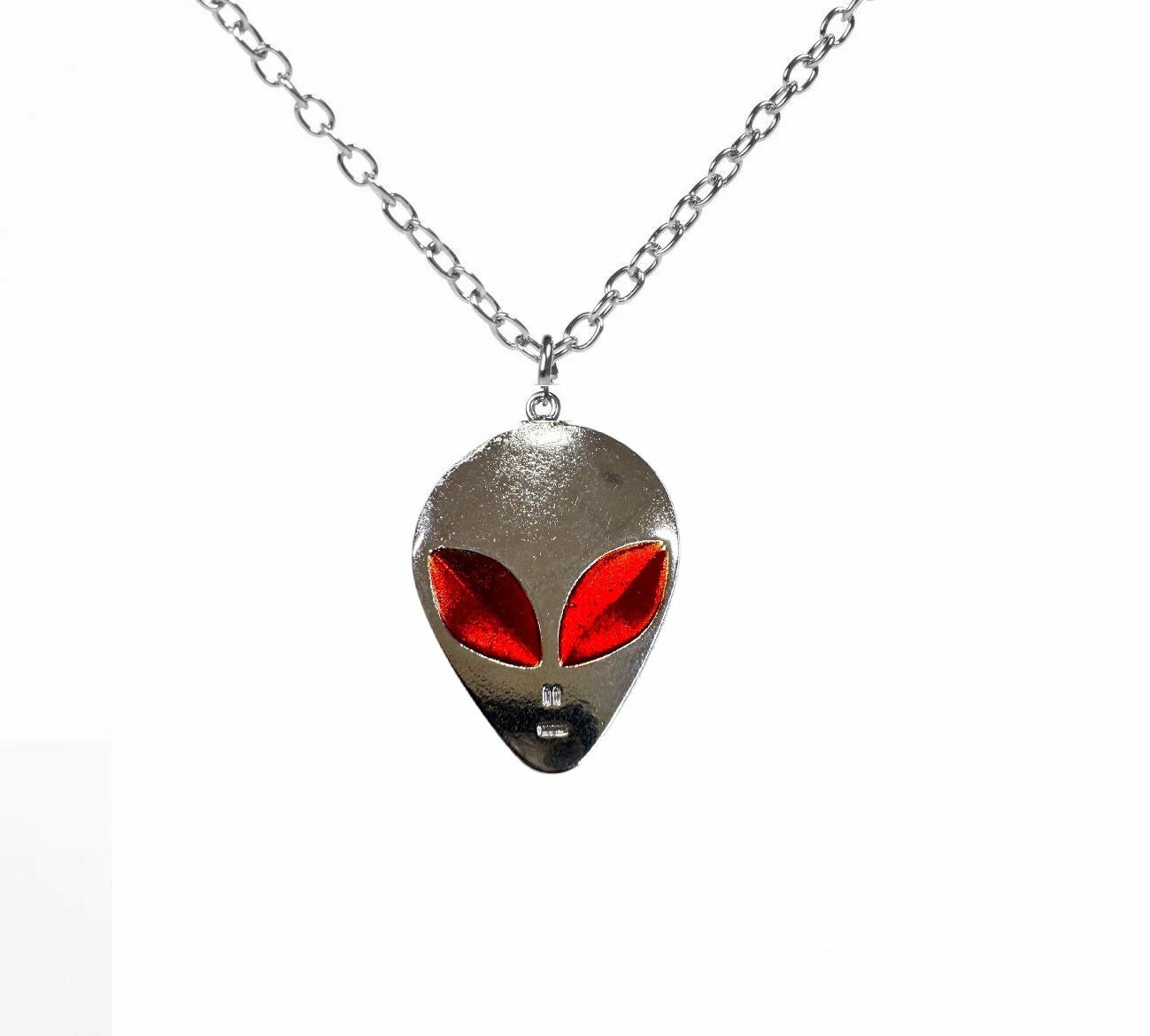 Uzaylı Alien Kırmızı Göz Detaylı Antik Gümüş Kolye 60cm Düz Zincir Kolye